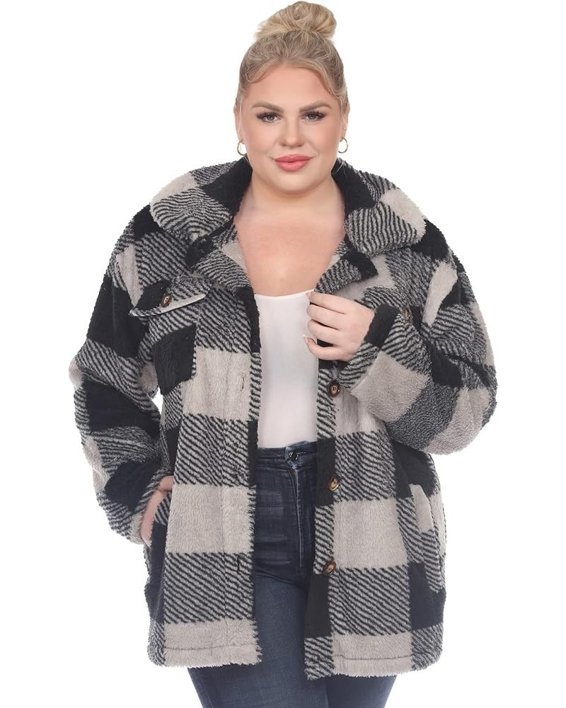 Women's Plus Size Plaid Shacket with Front Pockets and Button Closure Black/Grey $23.43 Tops