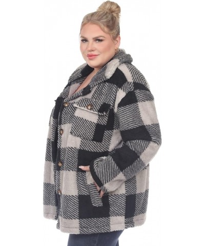 Women's Plus Size Plaid Shacket with Front Pockets and Button Closure Black/Grey $23.43 Tops