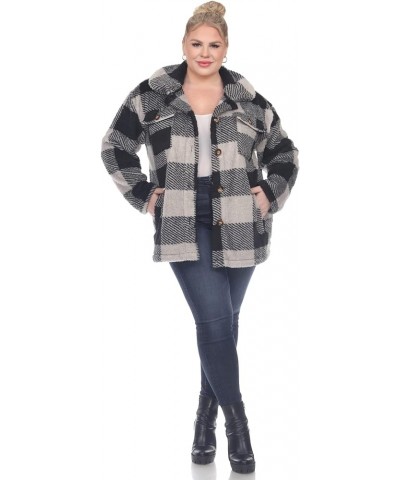 Women's Plus Size Plaid Shacket with Front Pockets and Button Closure Black/Grey $23.43 Tops