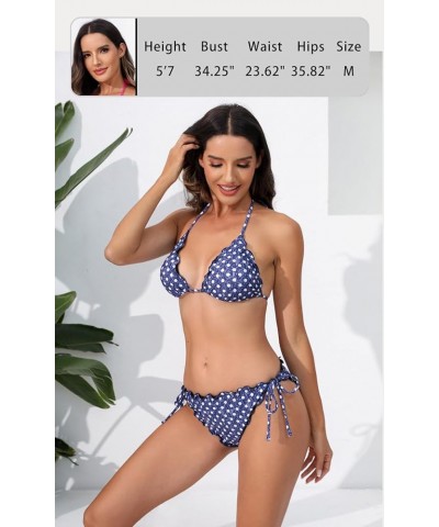 Women's Ruffled Flounce Halter String Triangle Bikini Sets Removable Bra Tie Side Two Piece Sexy Swimsuit Navy Polka Dots $11...