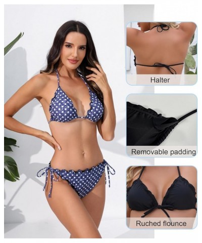 Women's Ruffled Flounce Halter String Triangle Bikini Sets Removable Bra Tie Side Two Piece Sexy Swimsuit Navy Polka Dots $11...