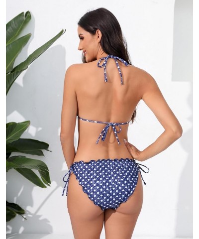 Women's Ruffled Flounce Halter String Triangle Bikini Sets Removable Bra Tie Side Two Piece Sexy Swimsuit Navy Polka Dots $11...