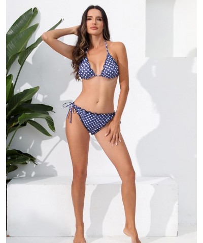 Women's Ruffled Flounce Halter String Triangle Bikini Sets Removable Bra Tie Side Two Piece Sexy Swimsuit Navy Polka Dots $11...