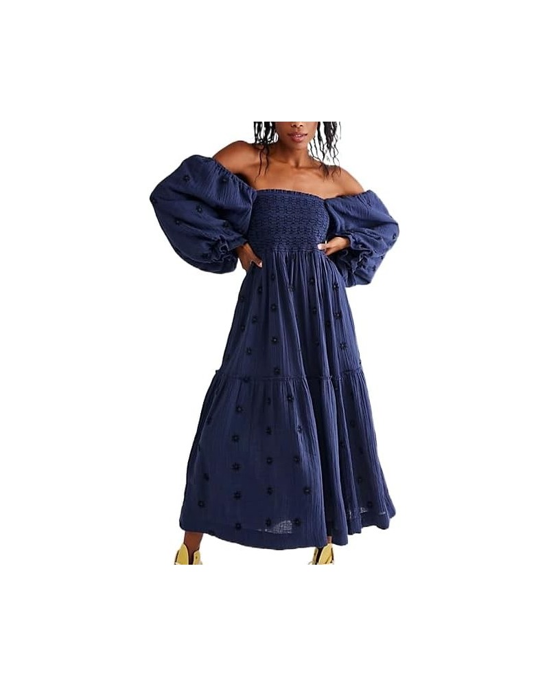 Boho Floral Puff Sleeve Dresses for Women 2024 Y2k Embroidered Flowy Smocked Maxi Dress Square Neck Beach Sundress Dark Blue ...