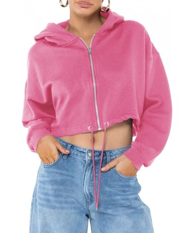 Women's Zip Cropped Hoodies Long Sleeve Drawstring Waist Lightweight Workout Hooded Sweatshirts Pink $11.19 Activewear