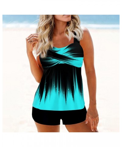 Plus Size Swimsuit for Women Cross Neck Two Piece Tankini Bathing Suits Stripes Swimwear with Short Flowy Tank 02-blue $11.00...