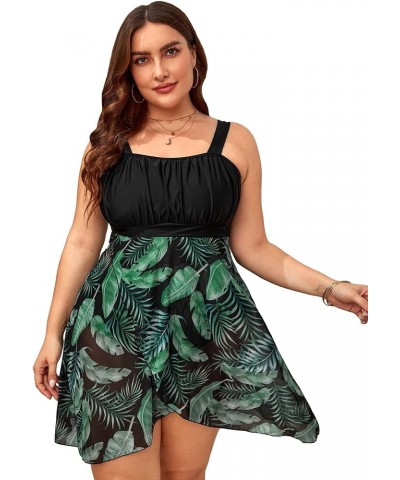 Women's Plus Size Tankini Swimsuit Plant Print Two Piece Bathing Suit Black and Green $18.04 Swimsuits