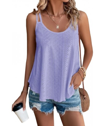 Women's Tank Tops Eyelet Embroidery Sleeveless Spaghetti Strap Casual Summer Solid Cami Tops Purple $8.55 Tanks