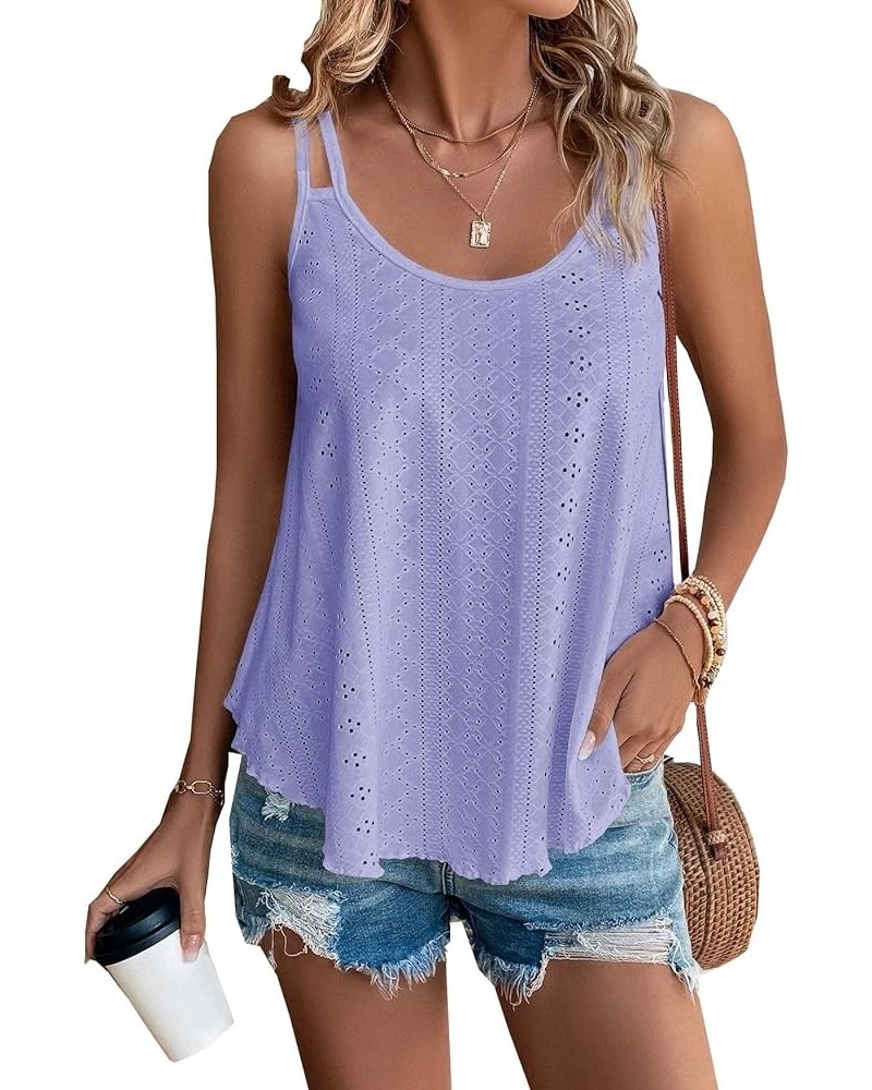 Women's Tank Tops Eyelet Embroidery Sleeveless Spaghetti Strap Casual Summer Solid Cami Tops Purple $8.55 Tanks