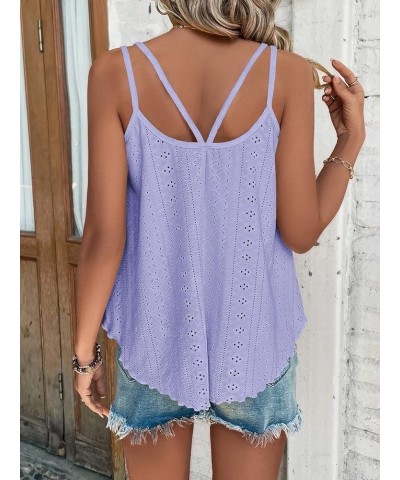 Women's Tank Tops Eyelet Embroidery Sleeveless Spaghetti Strap Casual Summer Solid Cami Tops Purple $8.55 Tanks