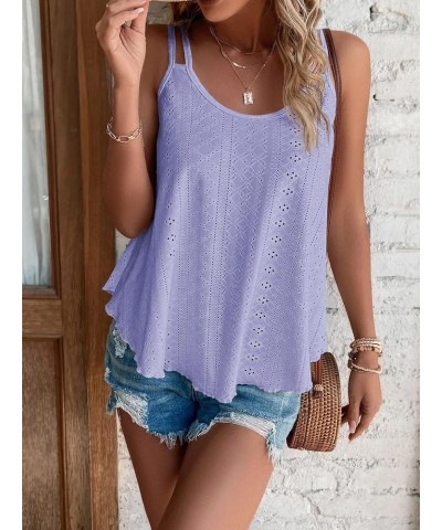 Women's Tank Tops Eyelet Embroidery Sleeveless Spaghetti Strap Casual Summer Solid Cami Tops Purple $8.55 Tanks