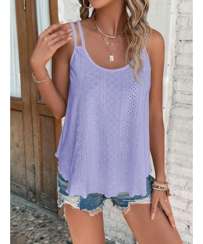 Women's Tank Tops Eyelet Embroidery Sleeveless Spaghetti Strap Casual Summer Solid Cami Tops Purple $8.55 Tanks