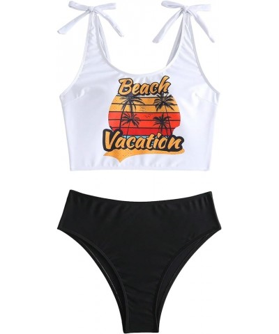 Women's Tie Shoulder Tropical High Waisted Tummy Control 2 Piece Tankini Swimsuits Black and White $18.87 Swimsuits