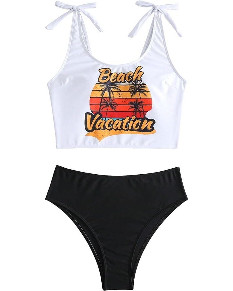 Women's Tie Shoulder Tropical High Waisted Tummy Control 2 Piece Tankini Swimsuits Black and White $18.87 Swimsuits