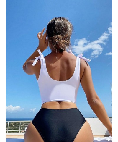 Women's Tie Shoulder Tropical High Waisted Tummy Control 2 Piece Tankini Swimsuits Black and White $18.87 Swimsuits