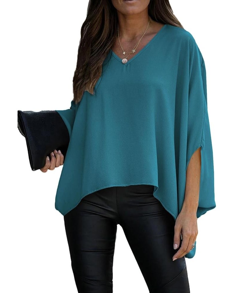 Women's Casual V Neck Batwing Long Sleeve Blouse Shirt Tunic Top Teal Blue $12.60 Tops