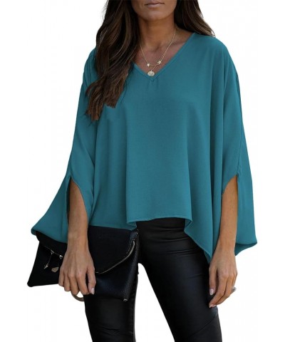 Women's Casual V Neck Batwing Long Sleeve Blouse Shirt Tunic Top Teal Blue $12.60 Tops