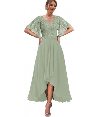 High Low Mother of The Bride Dresses for Wedding Tea Length Formal Dress Lace Evening Gown with Sleeves Green $29.90 Dresses