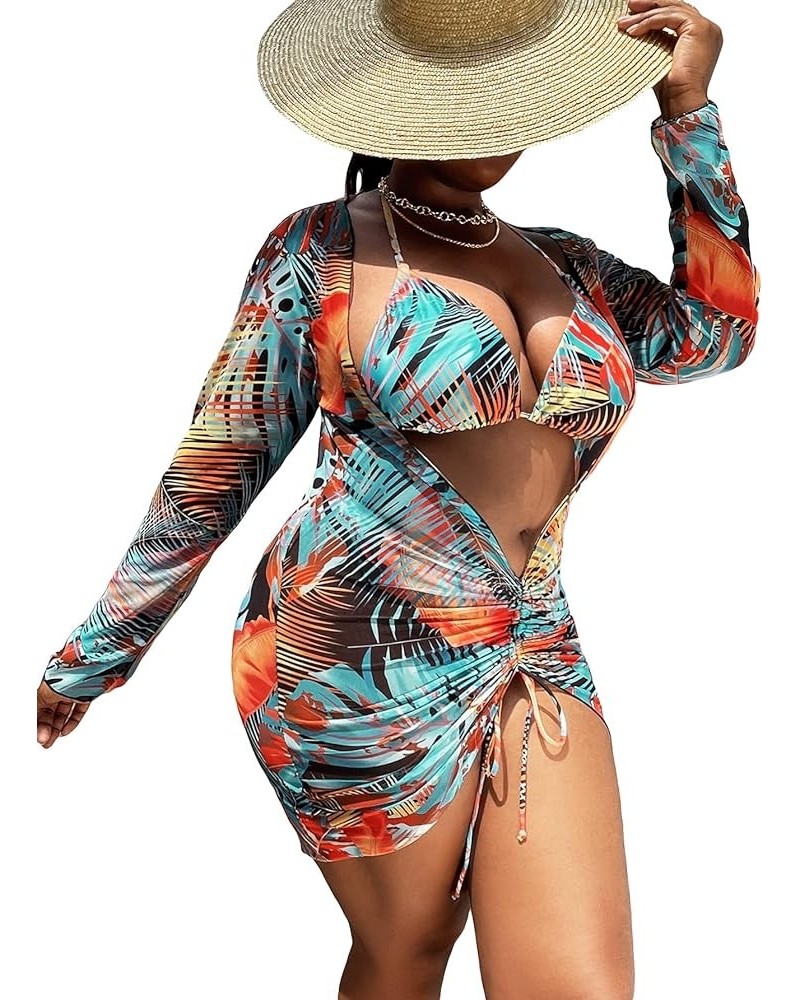 Women's 3 Piece Swimsuits Drawstring Triangle Halter Tie Side Thong Sexy Bikini Set with Cover Up Multicolor Blue $17.00 Swim...