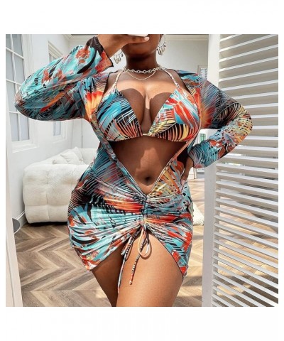 Women's 3 Piece Swimsuits Drawstring Triangle Halter Tie Side Thong Sexy Bikini Set with Cover Up Multicolor Blue $17.00 Swim...