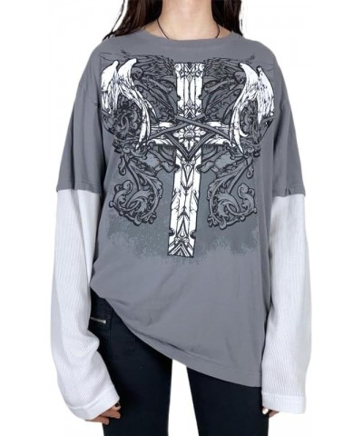 Women Y2k Gothic T-Shirt Fairy Grunge Long Sleeve Top Skull Print Crew Neck Shirt Hurajuku E-Girl Streetwear M-gray Angel Cro...