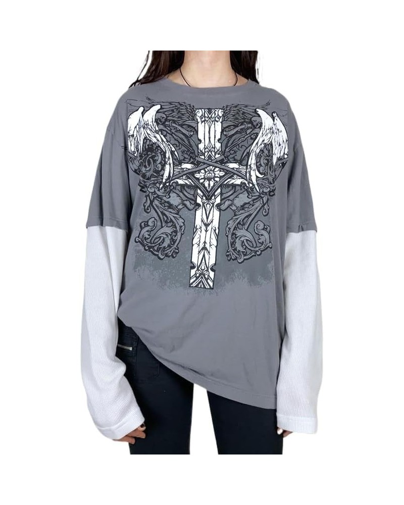 Women Y2k Gothic T-Shirt Fairy Grunge Long Sleeve Top Skull Print Crew Neck Shirt Hurajuku E-Girl Streetwear M-gray Angel Cro...