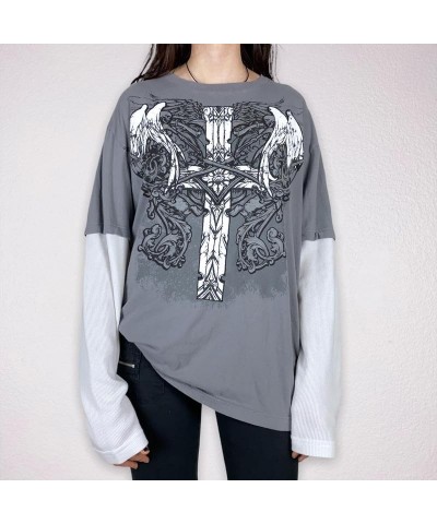 Women Y2k Gothic T-Shirt Fairy Grunge Long Sleeve Top Skull Print Crew Neck Shirt Hurajuku E-Girl Streetwear M-gray Angel Cro...