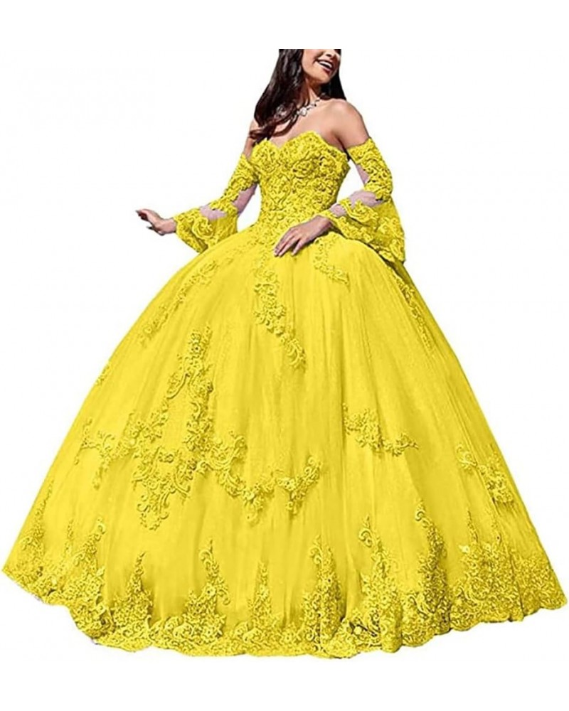 Ball Gown Quinceanera Dresses with Long Sleeves Tulle Lace Appliqued Prom Dress Sweetheart Formal Party Gowns for Women Brigh...