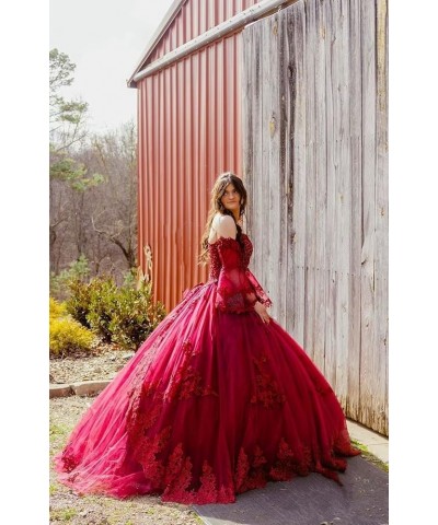 Ball Gown Quinceanera Dresses with Long Sleeves Tulle Lace Appliqued Prom Dress Sweetheart Formal Party Gowns for Women Brigh...