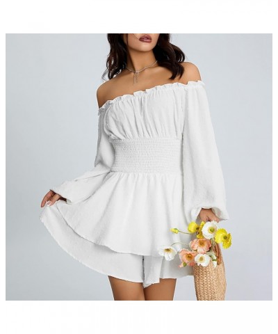 Vintage Off Shoulder Mini Dress for Women Long Puff Sleeve Ruched Dress Y2K Fairy High Waist A-line Boho Short Dress Z2-white...