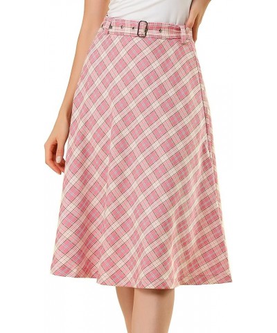 Women's Christmas Tartan Plaid High Waist Belted Vintage A-Line Midi Skirt Pink $21.45 Skirts