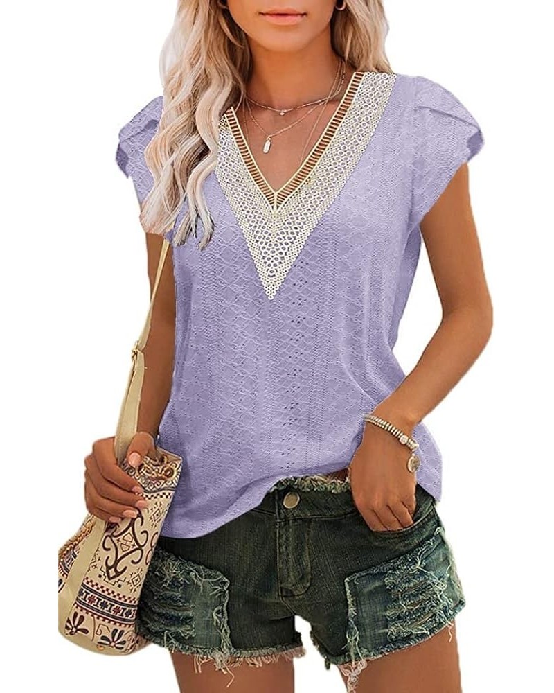 Short Sleeve Tops for Women Casual V Neck Lace T-Shirts Petal Sleeve Shirt Eyelet Pleated Loose Blouses A-lavender $11.19 Blo...