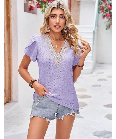 Short Sleeve Tops for Women Casual V Neck Lace T-Shirts Petal Sleeve Shirt Eyelet Pleated Loose Blouses A-lavender $11.19 Blo...