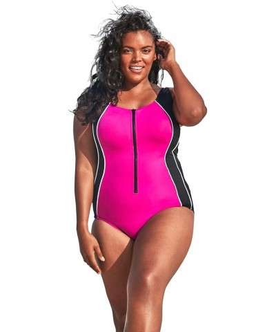 Women's Plus Size Chlorine Resistant Zip Front One Piece Swimsuit Fuchsia White Black $23.16 Swimsuits