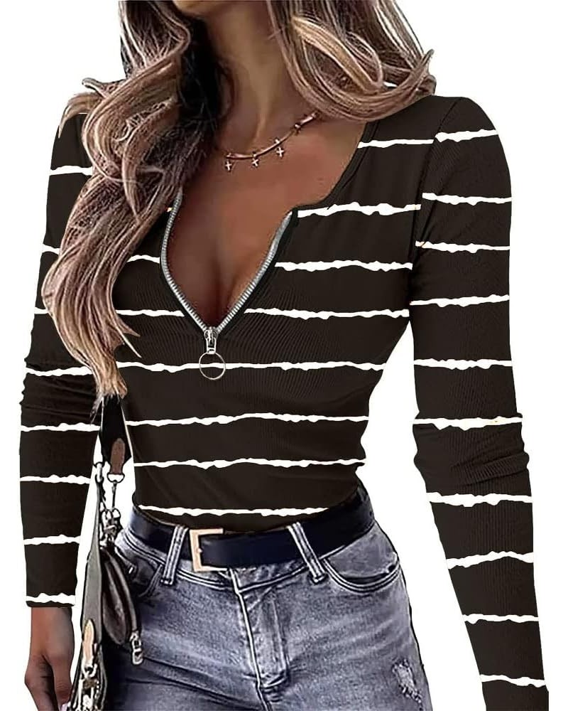 Womens Summer Tops Sexy Short Sleeve Ribbed Knit V Neck Slim Fit Zip Up Henley Top Shirt Blouses Black,striped $11.21 Tops