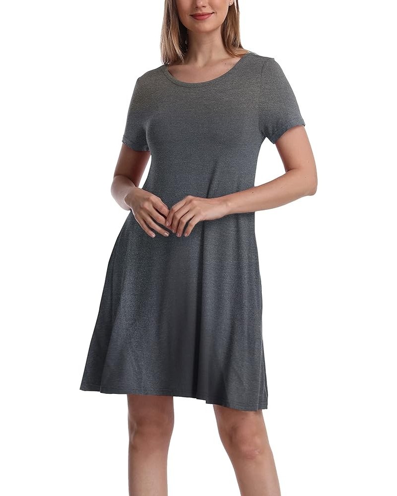 Women Casual Crewneck Short Sleeve Pockets Swing T-Shirt Dress Charcoal $11.75 Dresses