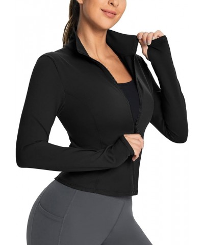 Women's Cropped Workout Jacket Long Sleeve Athletic Running Yoga Lightweight Zip Up Jackets with Thumb Holes Black $16.10 Jac...