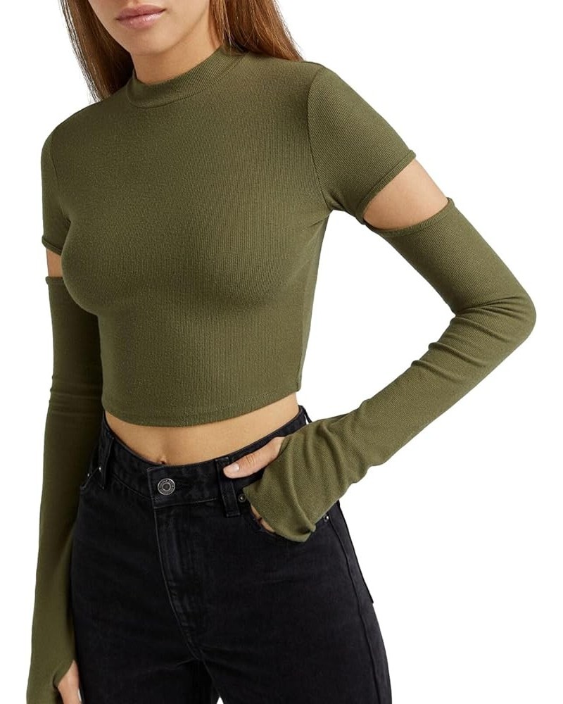 Tight Long Sleeve Shirts for Women Casual Sexy Basic Tee Going Out Streetwear Solid Color Y2K Fitted Crop Top Dark Green-thum...