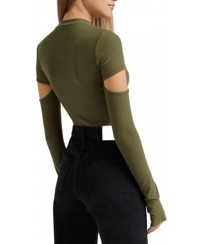 Tight Long Sleeve Shirts for Women Casual Sexy Basic Tee Going Out Streetwear Solid Color Y2K Fitted Crop Top Dark Green-thum...