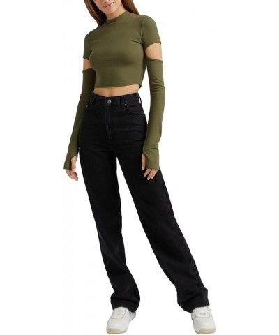 Tight Long Sleeve Shirts for Women Casual Sexy Basic Tee Going Out Streetwear Solid Color Y2K Fitted Crop Top Dark Green-thum...