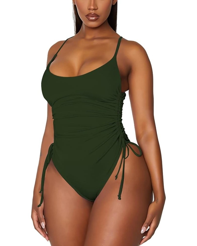 Women's One Piece Swimsuit Tummy Control Ruched Swimwear Cheeky High Cut Monokini Bathing Suit Army Green $16.63 Swimsuits