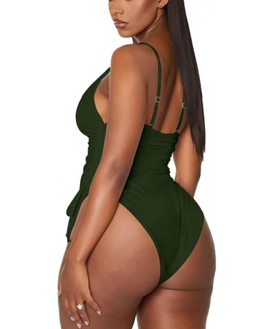 Women's One Piece Swimsuit Tummy Control Ruched Swimwear Cheeky High Cut Monokini Bathing Suit Army Green $16.63 Swimsuits