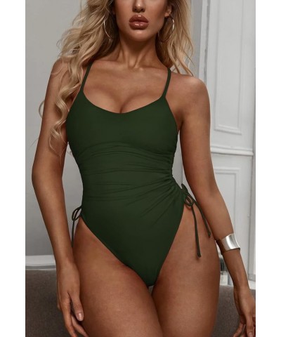 Women's One Piece Swimsuit Tummy Control Ruched Swimwear Cheeky High Cut Monokini Bathing Suit Army Green $16.63 Swimsuits