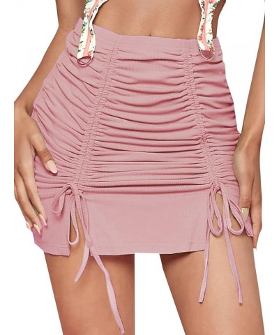 Women's Casual Drawstring Ruched Split Hem Ribbed Mini Short Skirt Pink $19.13 Skirts