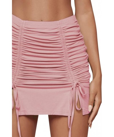 Women's Casual Drawstring Ruched Split Hem Ribbed Mini Short Skirt Pink $19.13 Skirts