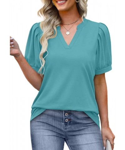 Summer Women's Pleated Puff Sleeve Tops Casual V Neck T Shirts Loose Blouses Dressy Medium Baby Blue $14.81 Tops