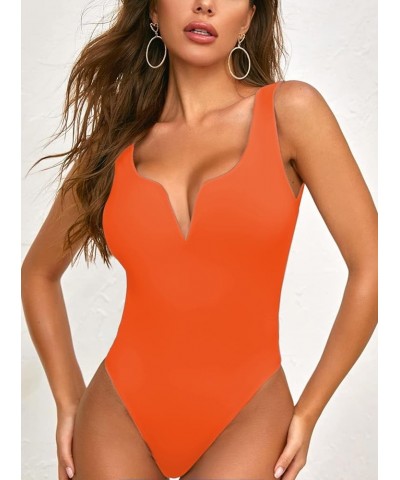 Women's Deep V Bodysuit Sleeveless Tank Tops Thong Leotards Orange $11.96 Lingerie