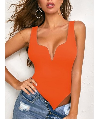 Women's Deep V Bodysuit Sleeveless Tank Tops Thong Leotards Orange $11.96 Lingerie