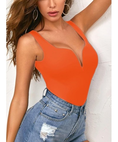 Women's Deep V Bodysuit Sleeveless Tank Tops Thong Leotards Orange $11.96 Lingerie