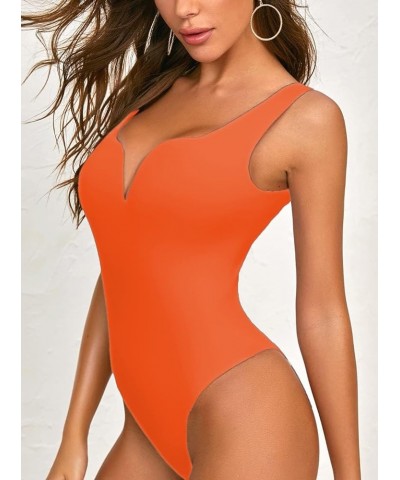 Women's Deep V Bodysuit Sleeveless Tank Tops Thong Leotards Orange $11.96 Lingerie